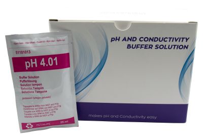 XS BASIC pH 4.01 buffer solution pack with 20 bags, red packaging, 25 ml content per bag, with certificate of analysis